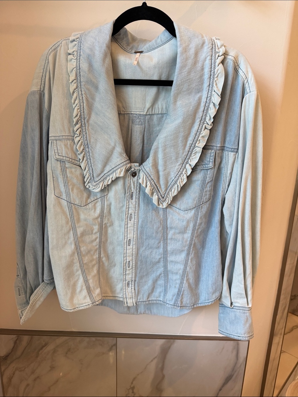 Free People Light Blue Ruffled-Trim Denim Shirt